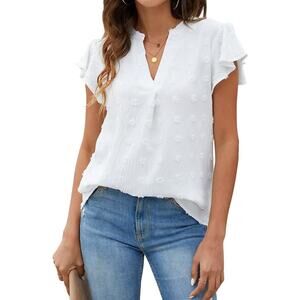 Women's White Blouse V Neck Ruffle Sleeve Flowy Shirts Dressy Casual Cute XL